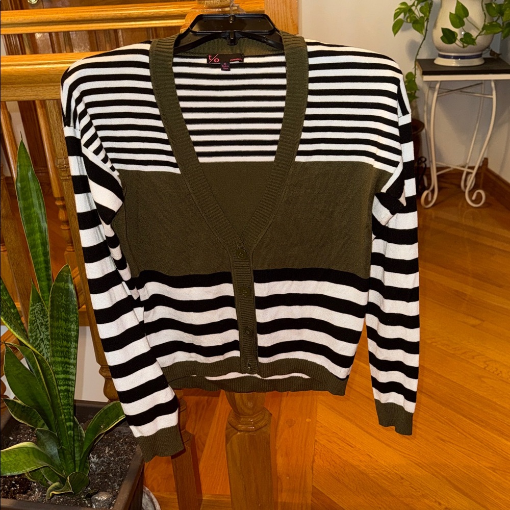 t/o Black and White Striped Cardigan with Olive Accents